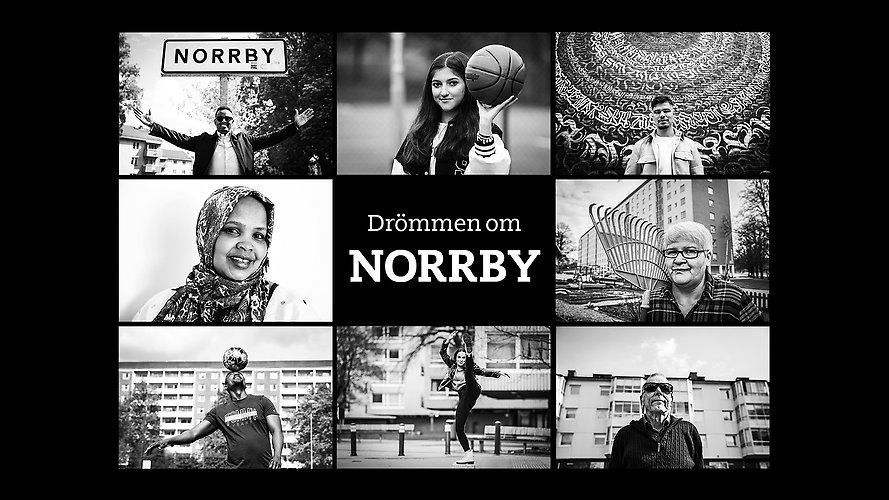Ett bildcollage med de olika personerna som är intervjuade i "Drömmen om Norrby".