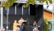 Löv från träd i fokus, i bakgrunden står personer på scen och uppträder