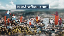Vy över Borås, illustrationer från vision med människor i olika åldrar, texten: Boråsförslaget