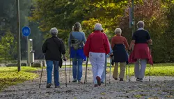 Personer som går med stavar i en grupp.