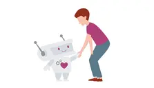 En illustration av en robot och en människa som håller hand