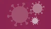 Ikoner i form av coronavirus på en rosafärgad bakgrund.