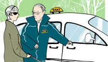 En illustration av en blind person som får hjälp in i en taxibil
